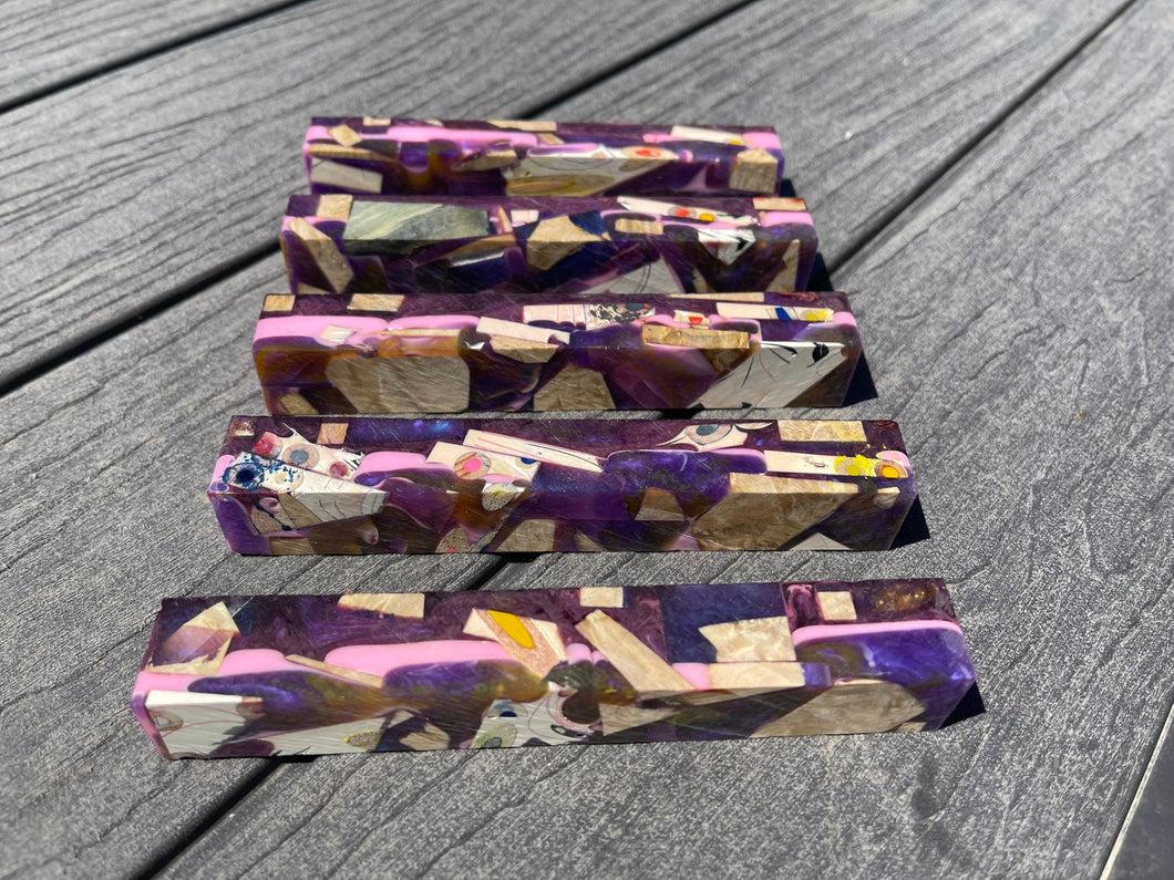 Hybrid Pen Blanks. 5 pieces. Box Elder Burl and Colored pencils - Pink/Purple Approximately 5.25 x 3/4 x 3/4