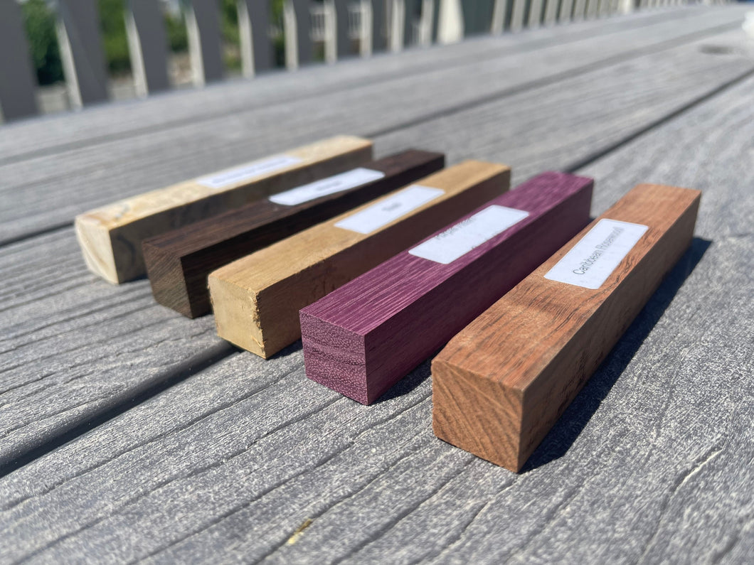 Exotic and Rare Pen Blanks - Pack of 5 - Box Elder Burl (Stabilized), Wenge, Teak, Purple Heart, Caribbean Rosewood.